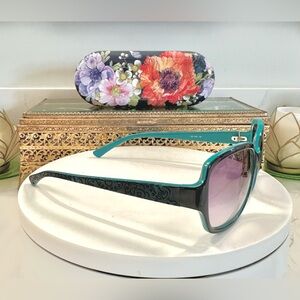 Black/Teal Etched Doodle-Print SG Sunglasses - EUC w/ Floral Metal Brighton Case